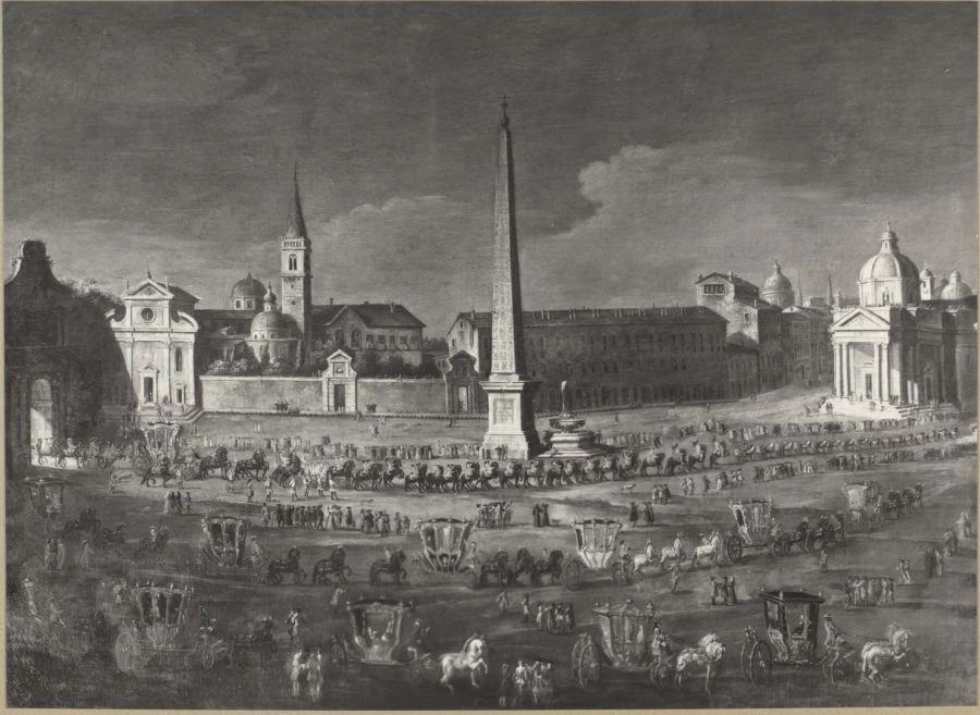 Il corteo dell'ambasciatore veneziano Alvise Mocenigo attraversa Piazza del Popolo - Palazzo Mocenigo, Venezia